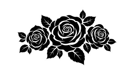 Black and white stylized rose bouquet with leaves isolated on white background