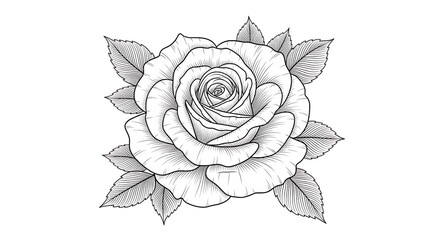 Detailed sketch of a single blooming rose with leaves isolated on white background