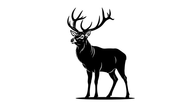 Detailed silhouette of a majestic stag with antlers isolated on white background - Powered by Adobe
