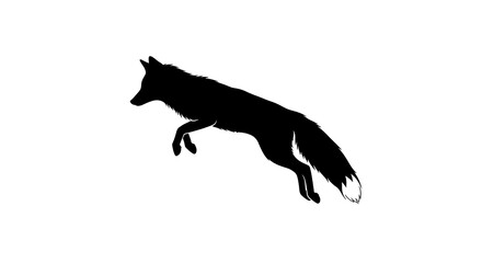 Silhouette of a black fox in mid air jump isolated on white background