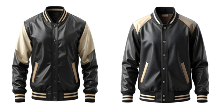Classic Black and Cream Varsity Letterman Jacket Front View, Buttoned Up, Isolated on Transparent Background