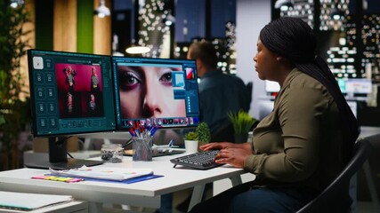 Professional woman uses editing software and AI chatbot on dual monitors setup, creative workspace. Using digital tools for high quality image processing and color enhancement. Camera B.