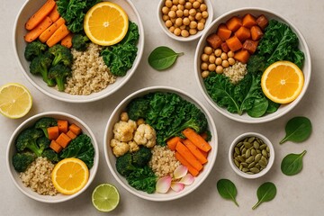 Healthy plant-based bowls featuring fresh vegetables and grains