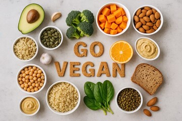 Go vegan text surrounded by healthy plant-based ingredients