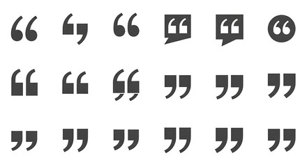 Collection of various quotation mark symbols and icons isolated on white background