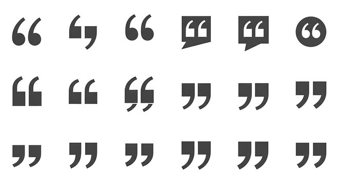 Collection of various quotation mark symbols and icons isolated on white background