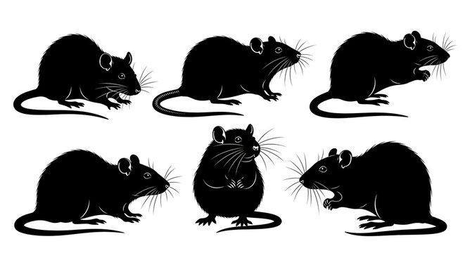 Collection of six black silhouette rats in various poses isolated on white background