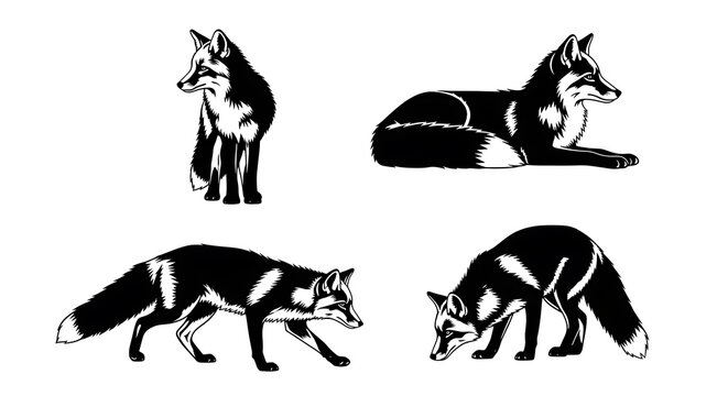 Four distinct black ink illustrations of a fox in various poses isolated on white background