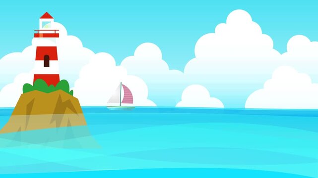 A lighthouse on a remote island and a yacht sailing offshore