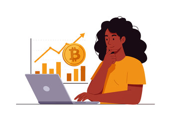 Woman analyzing cryptocurrency growth chart on a laptop, with a Bitcoin symbol and rising arrow indicating positive market trends.