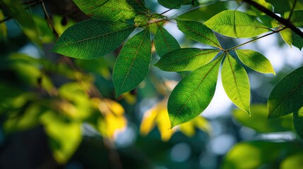 Sunlit Green Leaves with Speckled Pattern in Nature Setting with Bokeh Background and Blurred Branches Overhead Soft Lighting