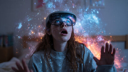 Young Woman in VR Headset Experiencing a Breathtaking Virtual Universe