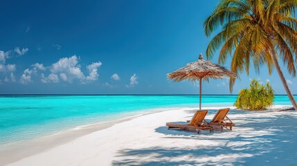 Obraz premium Tropical Beach Scene With Turquoise Water White Sand and Palm Tree Shade at Day