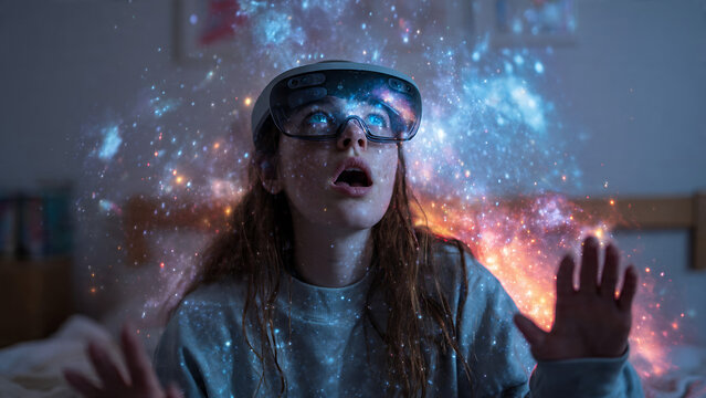 Young Woman in VR Headset Experiencing a Breathtaking Virtual Universe