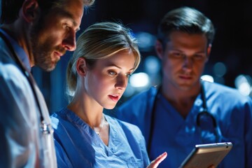 Cutting-edge technology meeting experienced professionals in healthcare. Sharp image. Medical experts navigate digital data for precision in patient care. Empty space. Clean layout.