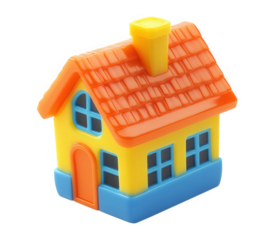A charming toy house isolated on transparent background, featuring a vibrant yellow body, orange roof, and blue base, creating a playful and inviting miniature home