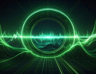 A glowing, digital visualization of sound waves and data in emerald