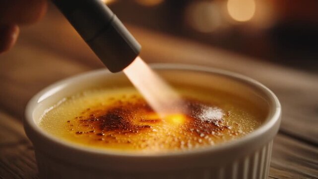 A chef's torch caramelizes the sugar on a delicious creme brulee dessert