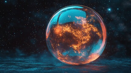 A glowing, transparent sphere contains a miniature, fiery planet, set against a backdrop of a vast, starry night sky.