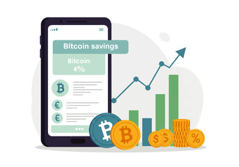 Illustration showing Bitcoin savings on a phone screen with rising graph and coins, indicating financial growth.