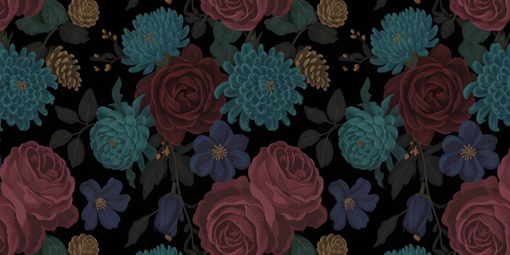 Dark floral pattern with roses and chrysanthemums on a black background, vintage botanical illustration style