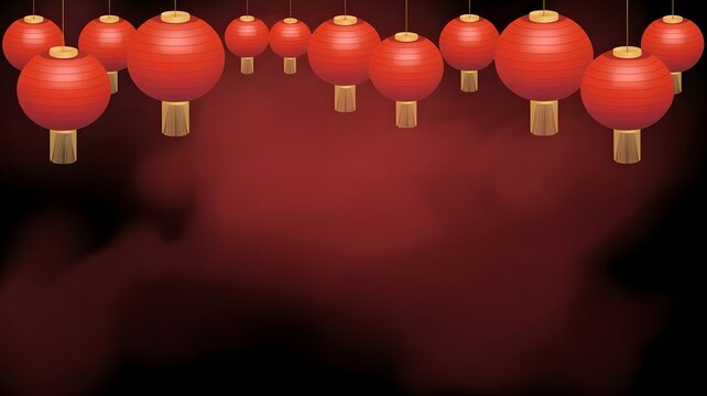 A row of red chinese lanterns hanging in front of a dark red, smoky background, festive and traditional atmosphere