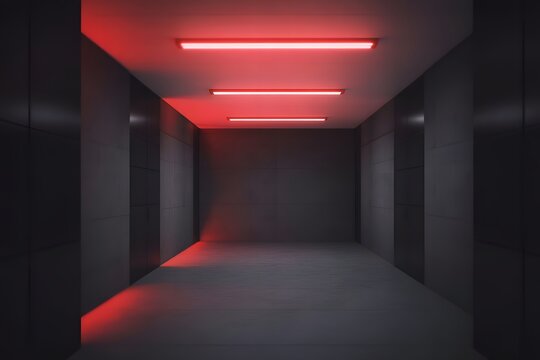 Dark corridor with red fluorescent lights illuminating the ceiling and floor, creating a dramatic and mysterious atmosphere - Powered by Adobe