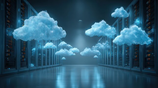 Digital Cloud Computing Concept Represented by Illuminated Clouds Floating in Server Room