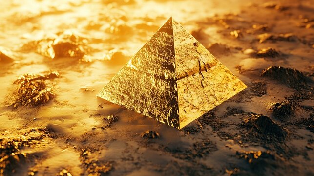 A golden pyramid rests on a textured, sandy surface, illuminated by a warm, radiant glow, evoking a sense of ancient mystery and timeless grandeur.