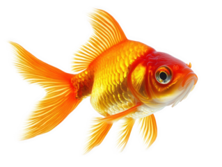A graceful goldfish isolated on transparent background, exhibiting its shimmering orange and gold body, flowing fins, and curious expression, swimming peacefully in solitude
