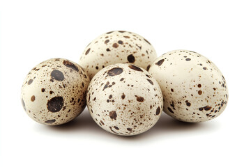Fototapeta premium Group of Spotted Quail Eggs on White Surface with Delicate Brown Speckles Perfect for Springtime Food Concept and Gourmet Cuisine Healthy Option and Easter Symbol Isolated Shot for Freshness