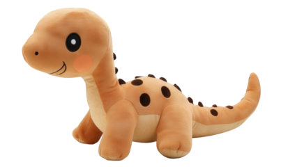 Adorable brown dinosaur plush toy isolated on transparent background, featuring a cute smile, rosy cheeks, and charming black spots along its back and tail