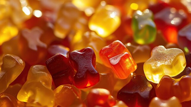 A vibrant collection of gummy candies in various colors and shapes is illuminated by warm, golden light, creating a rich and inviting texture. - Powered by Adobe