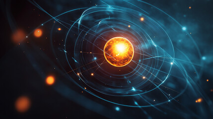A 3D electron orbit model hovers above a surface, with glowing orbital paths and particle representation, illustrating atomic structure and quantum physics concepts.
