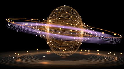 A 3D electron orbit model hovers above a surface, with glowing orbital paths and particle representation, illustrating atomic structure and quantum physics concepts.
