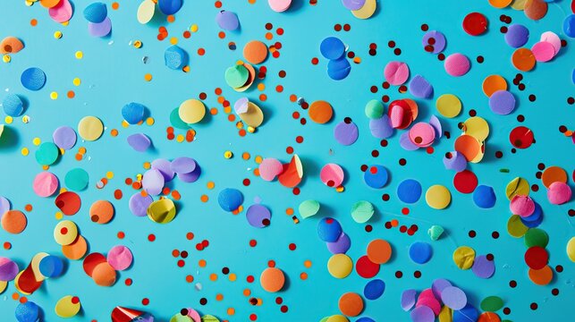 Colorful confetti scatters across a bright blue background, creating a festive and dynamic visual.