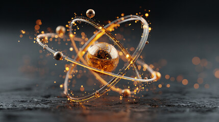 A 3D electron orbit model hovers above a surface, with glowing orbital paths and particle representation, illustrating atomic structure and quantum physics concepts.
