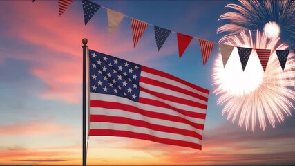 Celebrate freedom with fireworks and the American flag waving proudly in the sky - Powered by Adobe