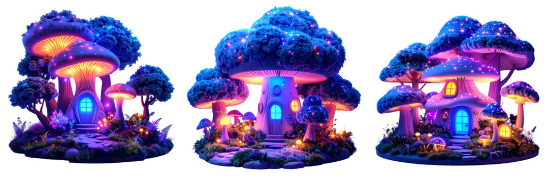 Set of Fluffy 3D Cartoon Nighttime Fairytale Forest with Bioluminescent Mushroom House, Isolated on Transparent Background - Powered by Adobe