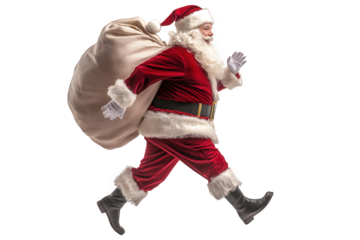 Santa claus running with a big sack full of gifts isolated on transparent background, delivering presents and spreading joy during the christmas season