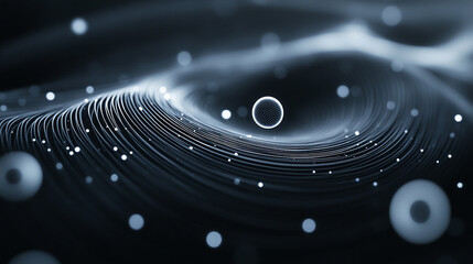 A 3D electron orbit model hovers above a surface, with glowing orbital paths and particle representation, illustrating atomic structure and quantum physics concepts.
