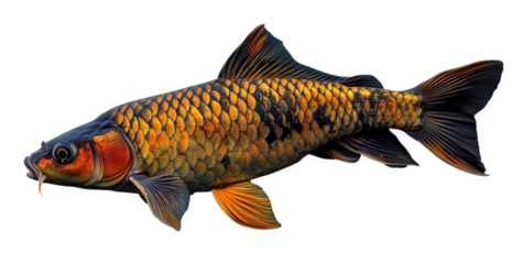 An exquisite golden and black carp isolated on transparent background, showcasing its vibrant colors and intricate details, swimming gracefully in a peaceful setting