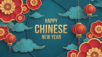 Happy chinese new year banner with decorative elements like flowers, clouds, and lanterns, featuring bold text and a vibrant teal background