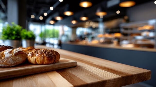 Fresh baked goods on wooden counter in modern bakery