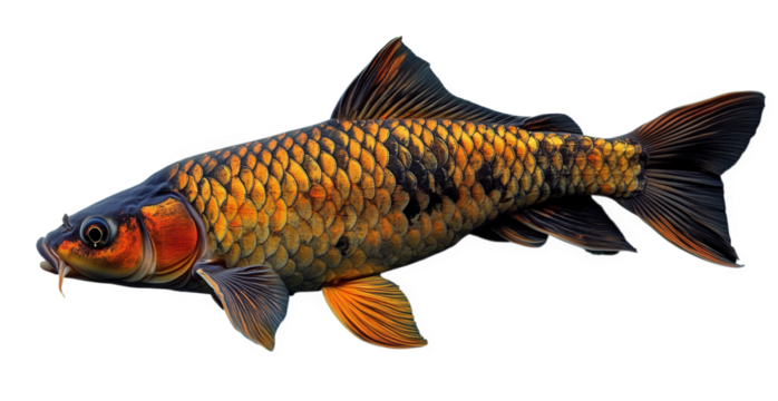 An exquisite golden and black carp isolated on transparent background, showcasing its vibrant colors and intricate details, swimming gracefully in a peaceful setting