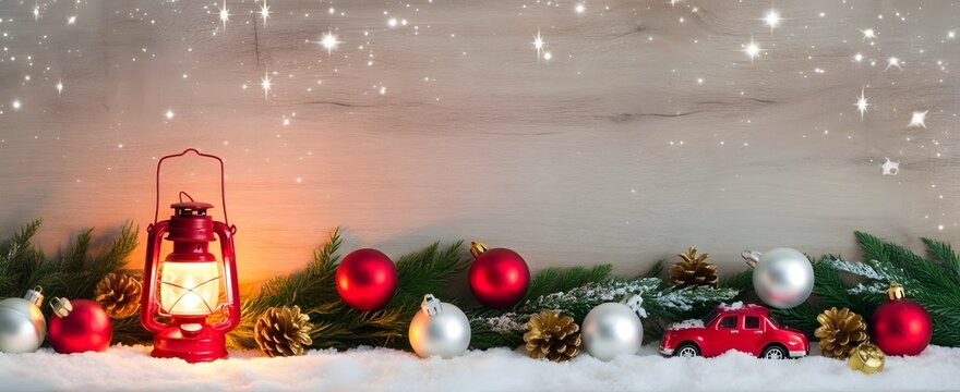 Festive christmas scene with a red lantern, ornaments, pine branches, and falling snow on a wooden background - Powered by Adobe