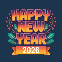Happy new year 2026 text with gradient color, leaves, berries, and ribbon on dark background