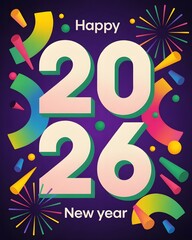 Happy 2026 new year greeting with colorful abstract shapes and fireworks, festive celebration graphic