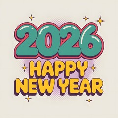 Happy new year text with 2026 in bubble font, featuring a retro pop art style with vibrant colors and sparkling stars on a light background