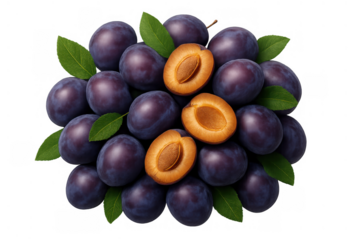 Purple plums, whole and halved with visible pits and fresh green leaves, arranged on a transparent background, ripe fruit concept